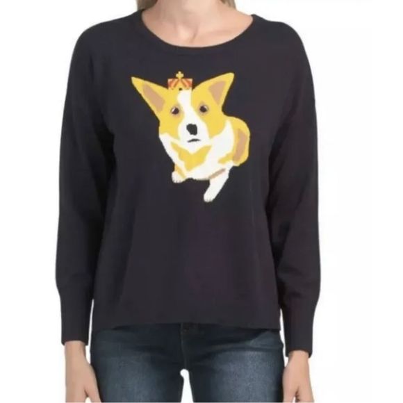 French‎ Connection Sweater Corgi Dog Women's Size XS Navy Blue Crewneck New - Picture 1 of 9